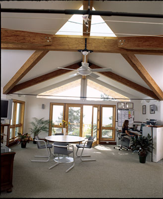 From structural insulated panels to engineered wood beams and flooring, David Johnston’s home office showcases the best of what’s working in nontoxic and resource-efficient building products.